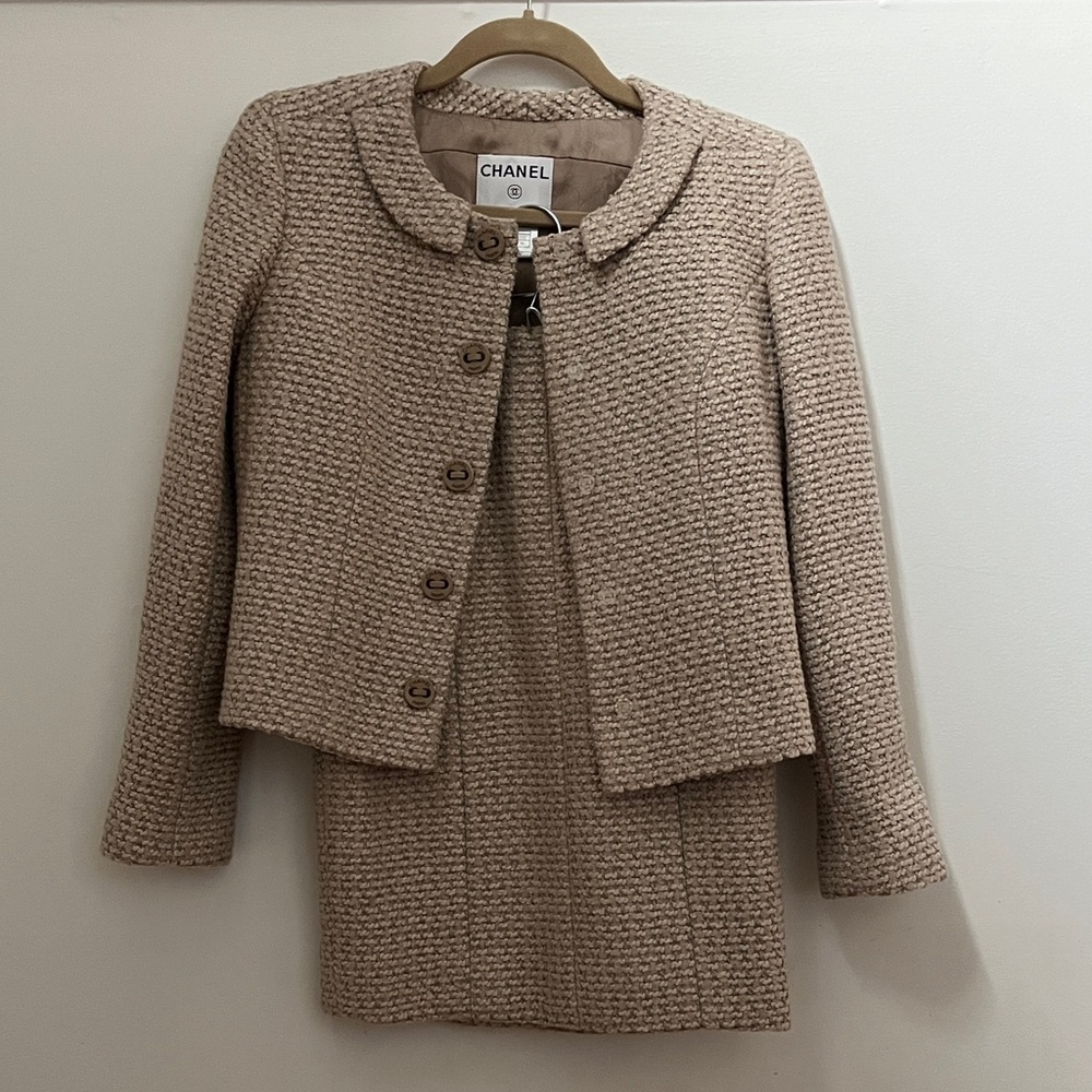 CHANEL Light Brown Pink Tweed Jacket and Skirt Suit